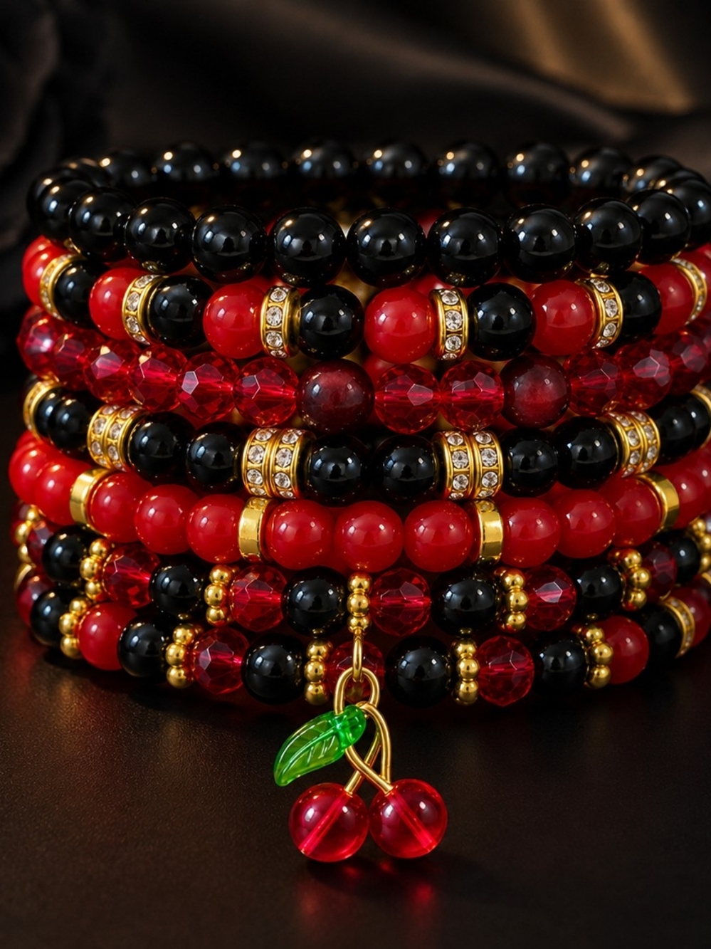 🍒 Cherry Luxe Beaded Wrap Glam Bracelet
